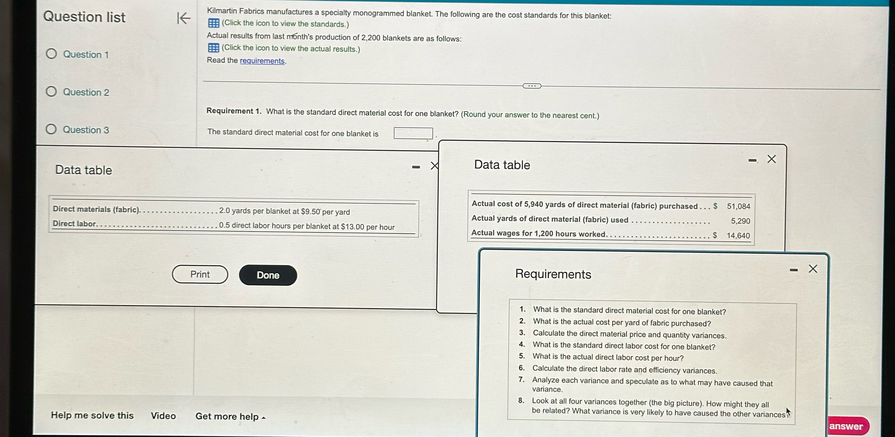 a specialty monogrammed blanket. The following are the cost standards for this