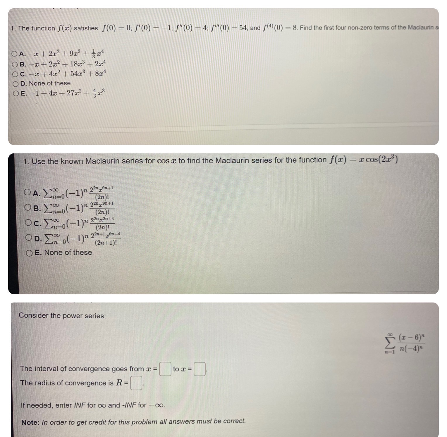 satisfies: f(0) - 0; f'(0) - 1; f"(0) -4: f' (0) -54,