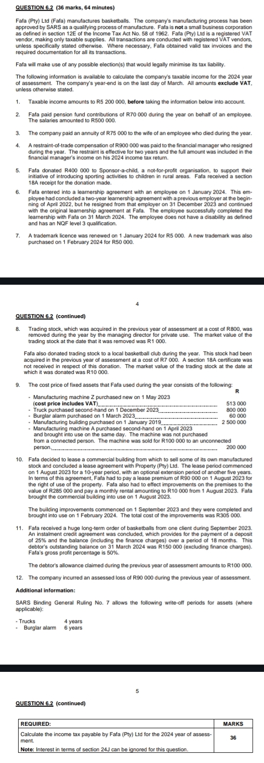  QUESTION 6.2(36 marks, 64 minutes) Fafa (Pty) Ltd (Fafa) manufactures basketballs.