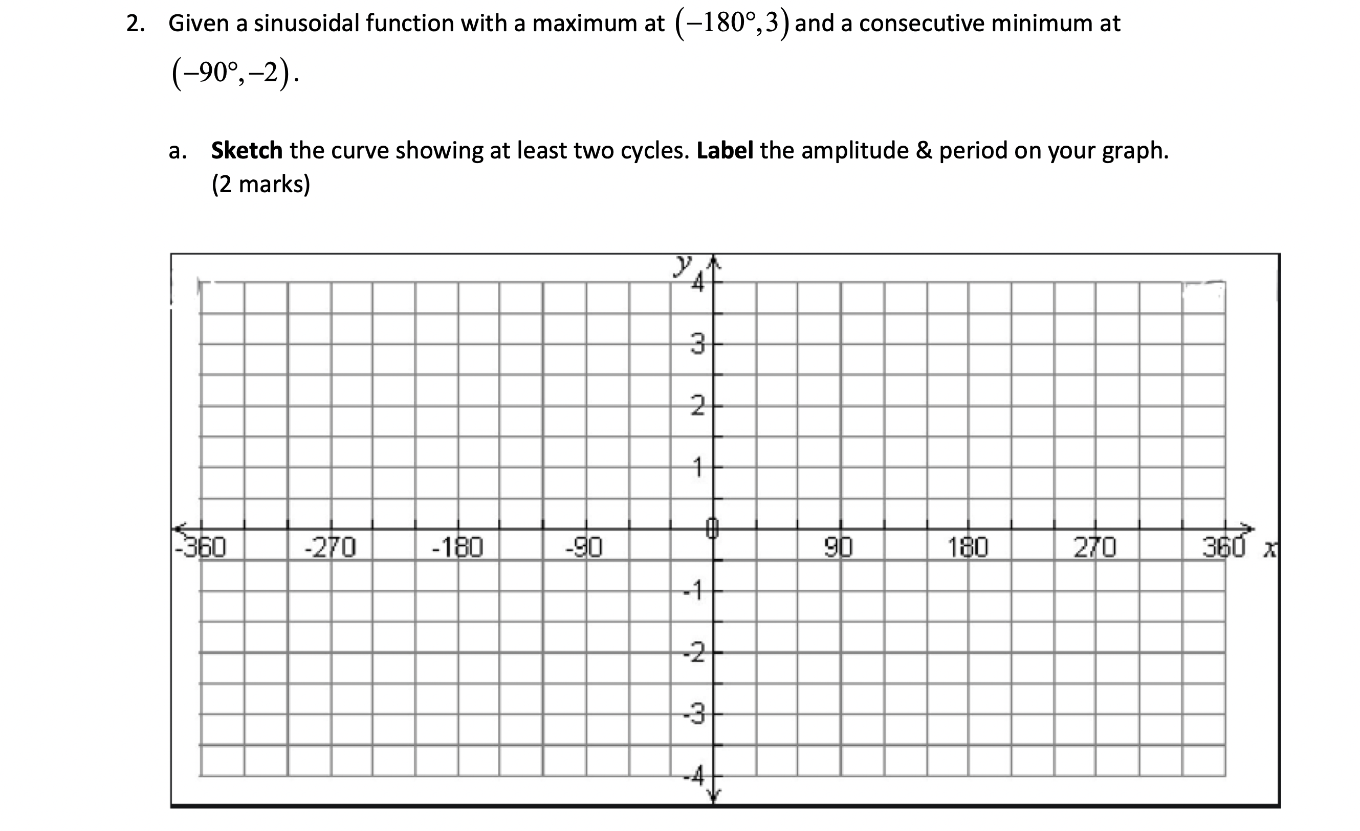  2. Given a sinusoidal function with a maximum at (-180, 3