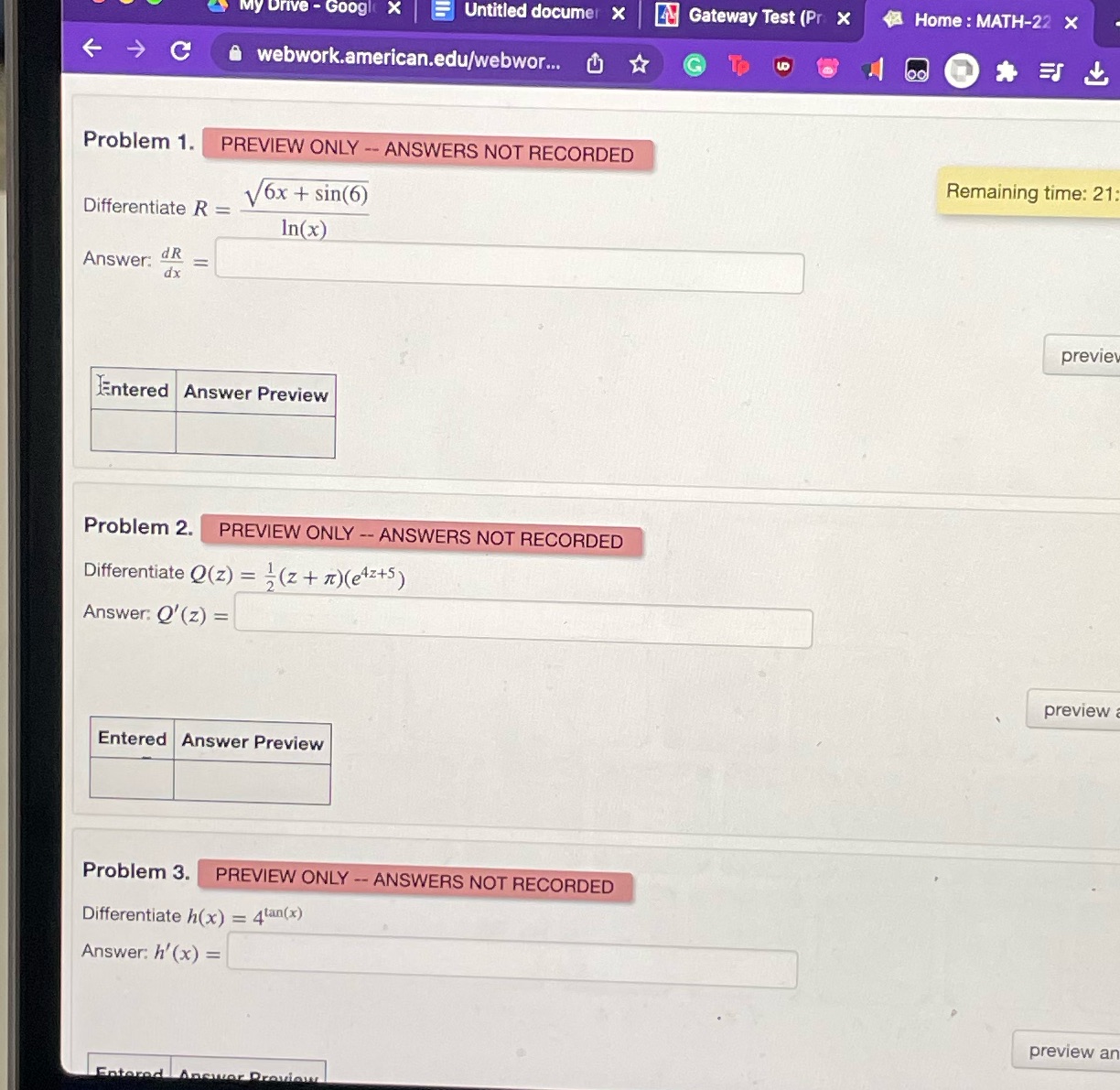 NOT RECORDED x 6x + sin(6) Differentiate R = Answer: Entered Answer