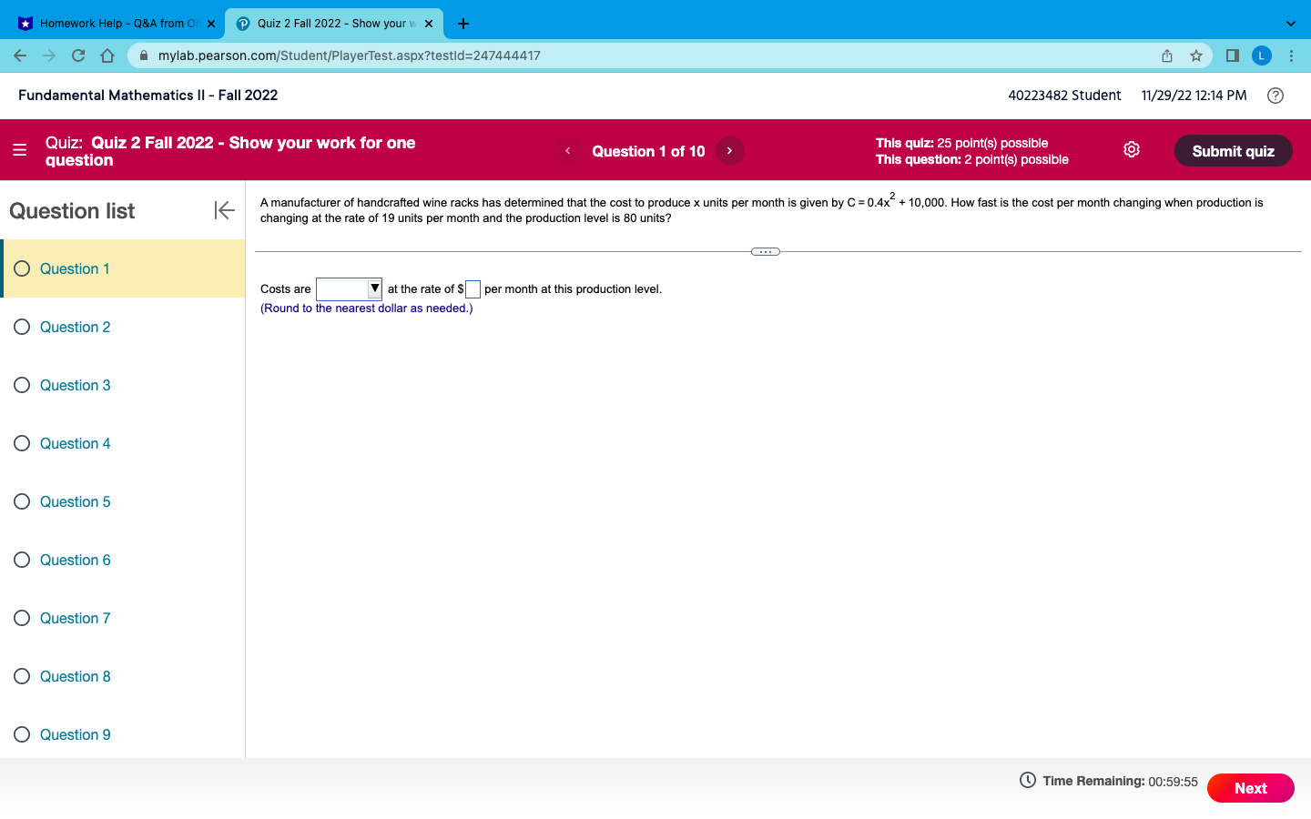 2022 - Show your w x + > C mylab.pearson.com/Student/PlayerTest.aspx?testld=247444417 Fundamental Mathematics