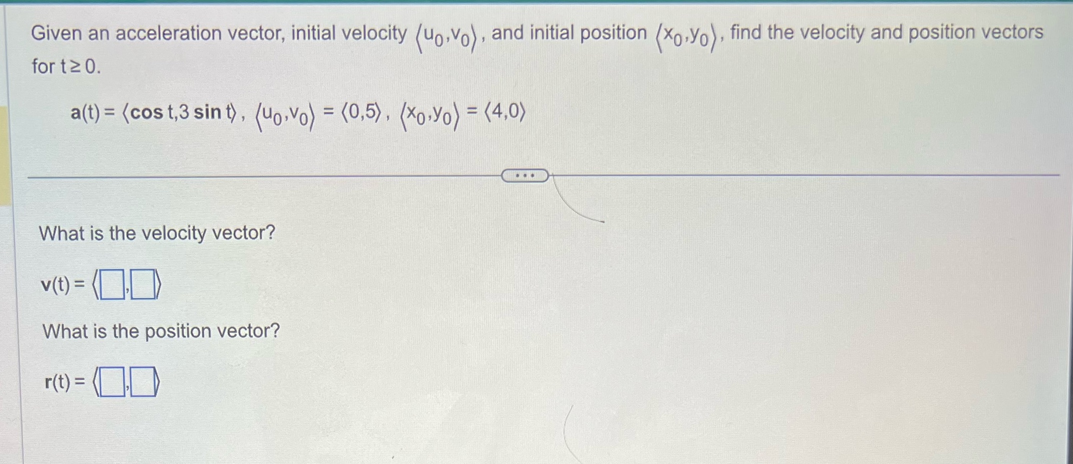 position (Xo,yo) , find the velocity and position vectors for t2 0.