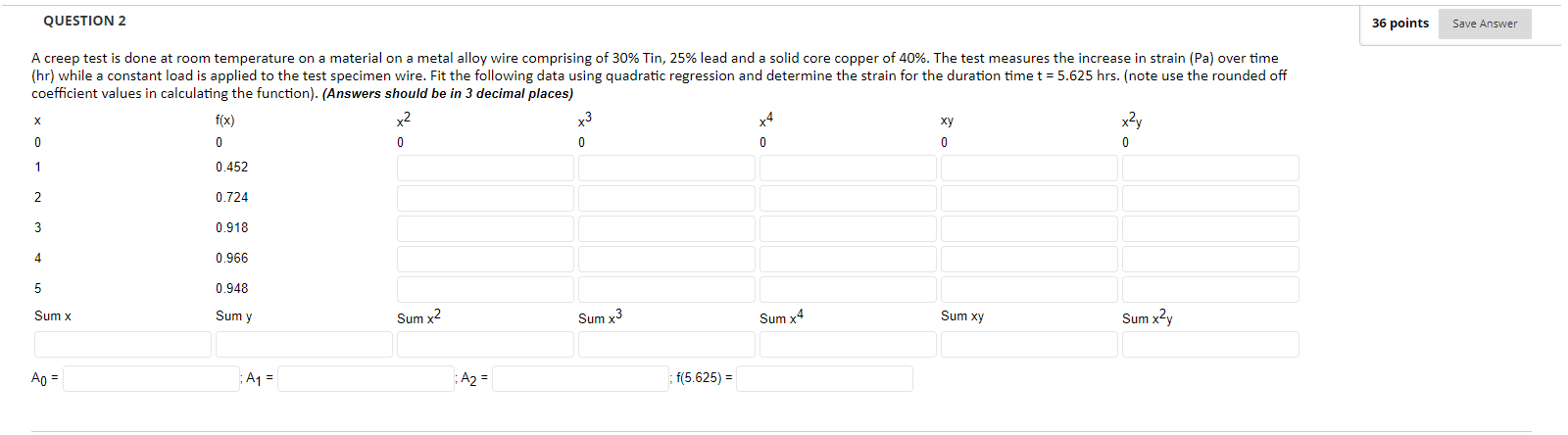  QUESTION 2 36 points Save Answer A creep test is done
