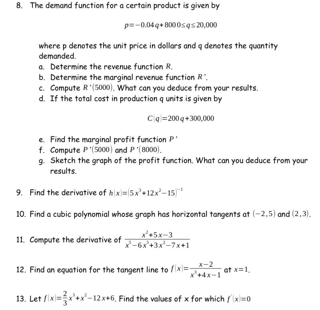  solve all on paper ty 8. The demand funcTion for a