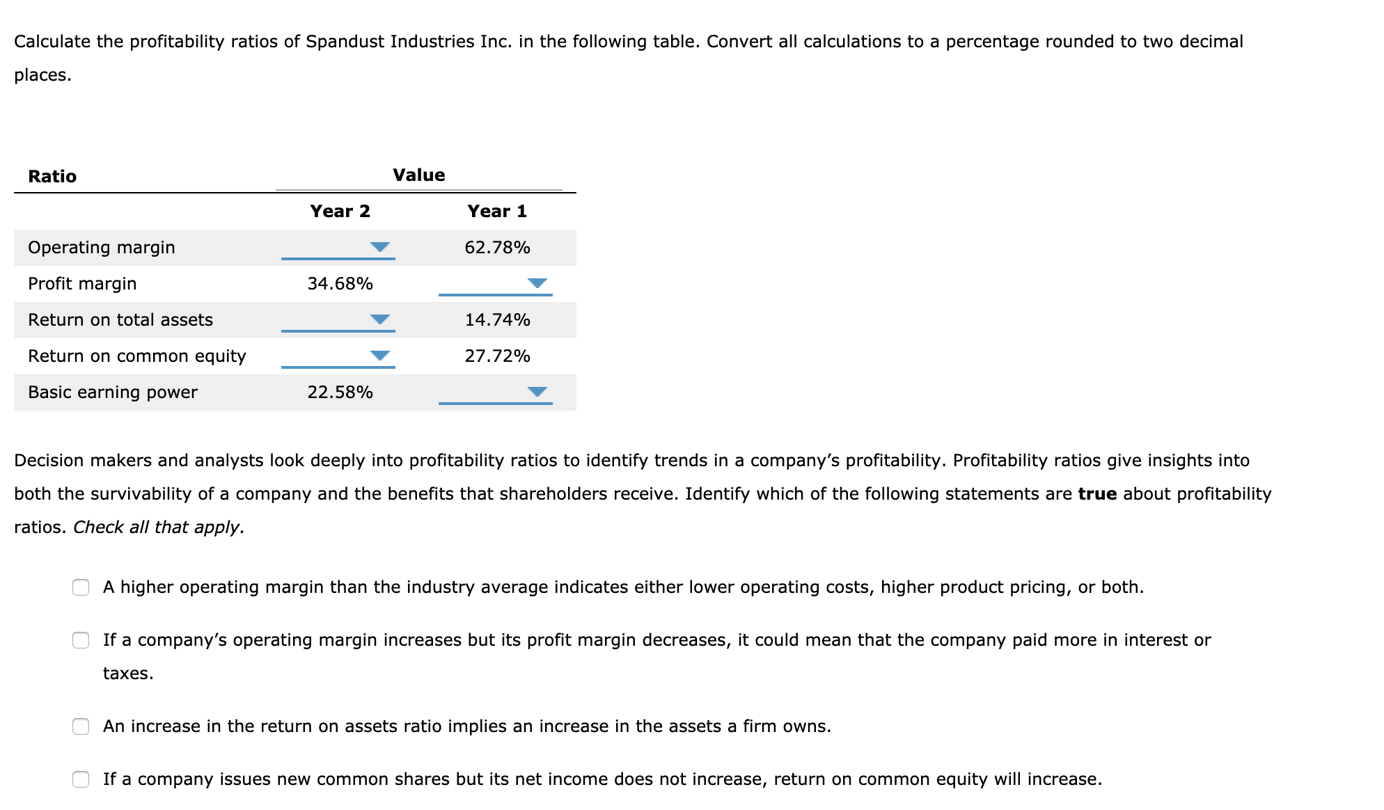 Protability ratios help in the analysis of the combined impact of liquidity