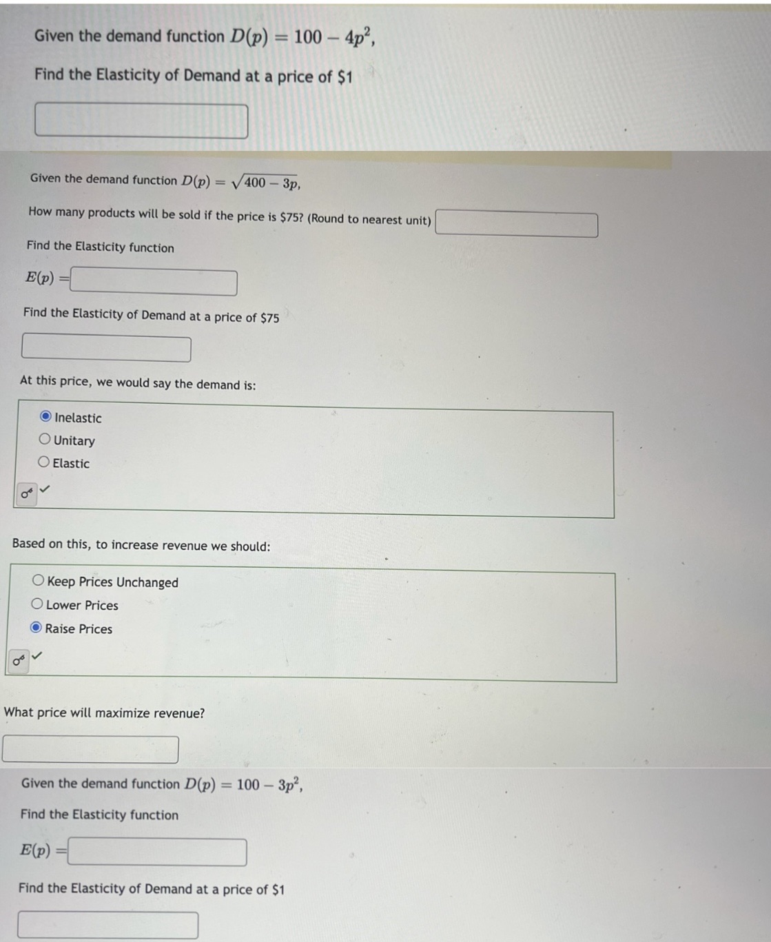  Given the demand function D(p) = 100 - 4p, Find the