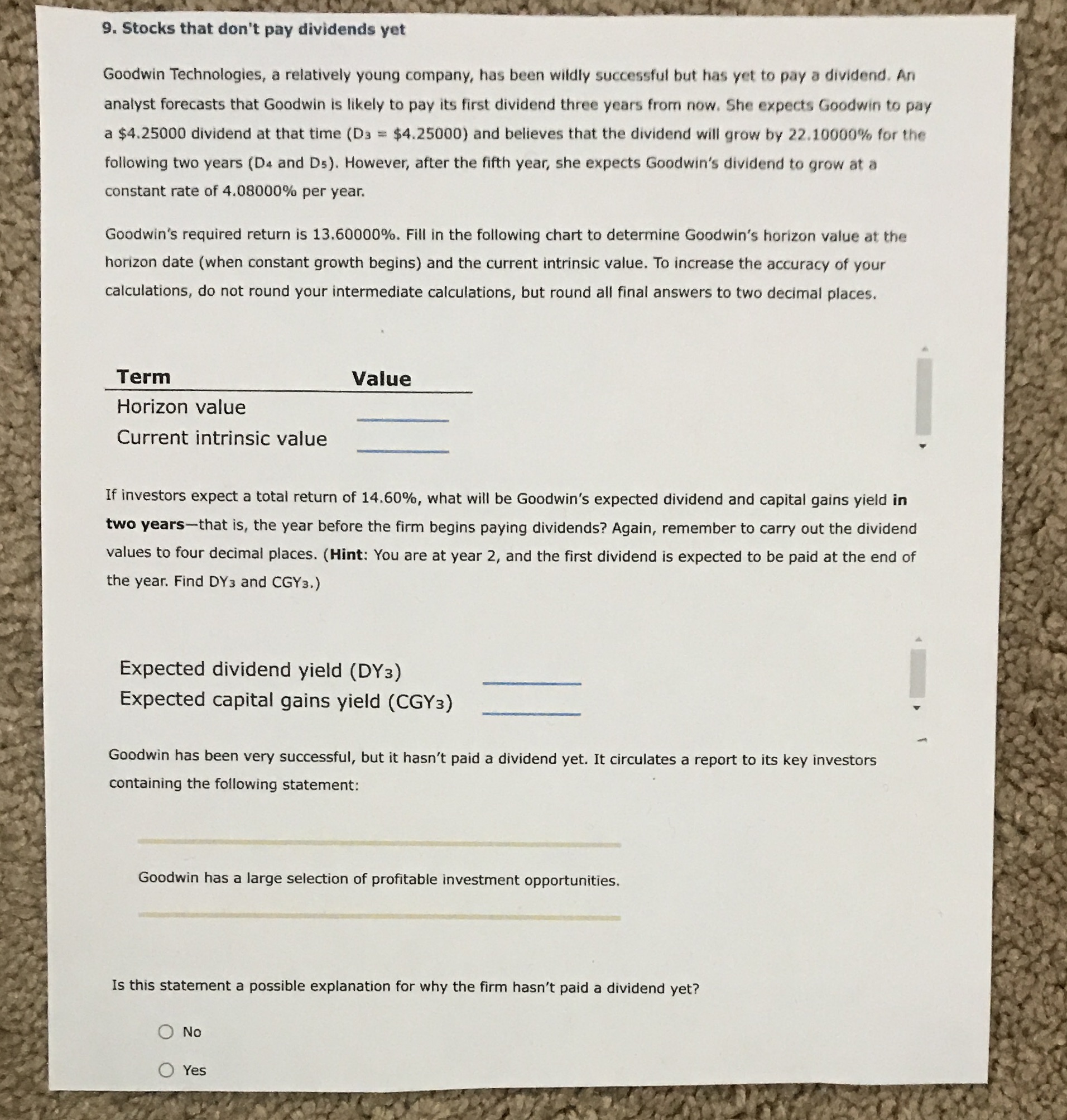  I need help with my assignment 9. Stocks that don't pay