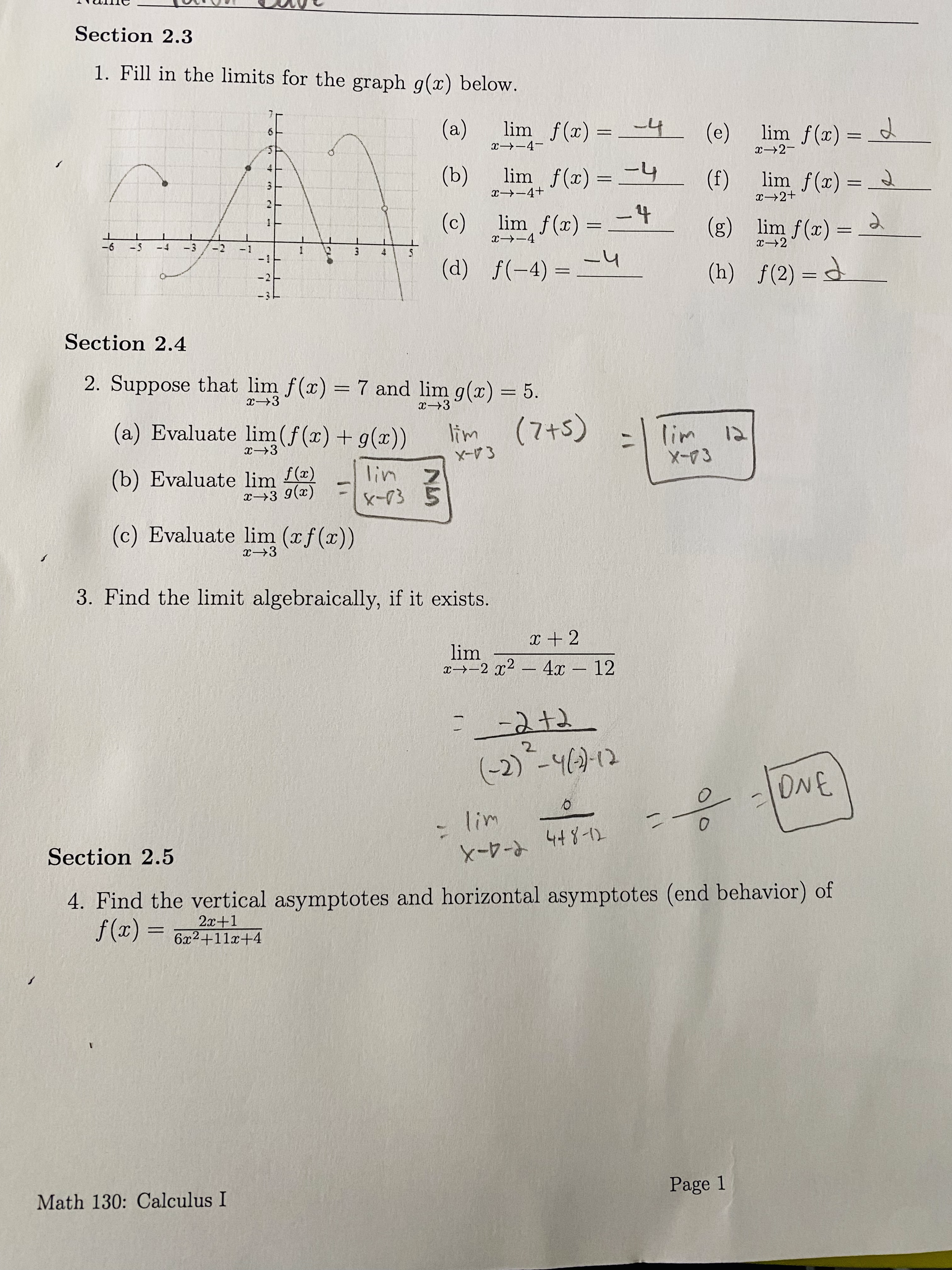 Section 2.3 1. Fill in the limits for the graph g(x)