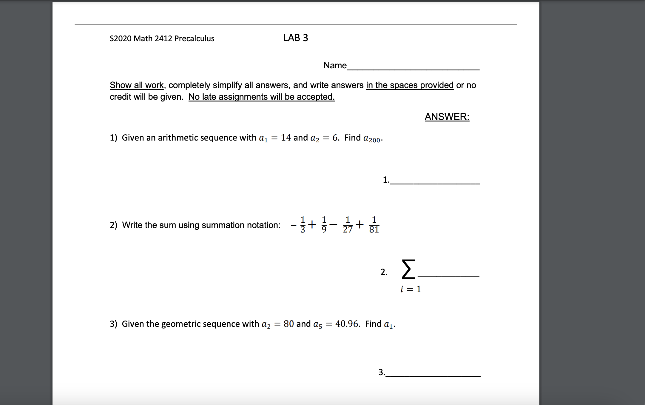  52020 Math 2412 Precalculus Name Show all work, completely simplify all