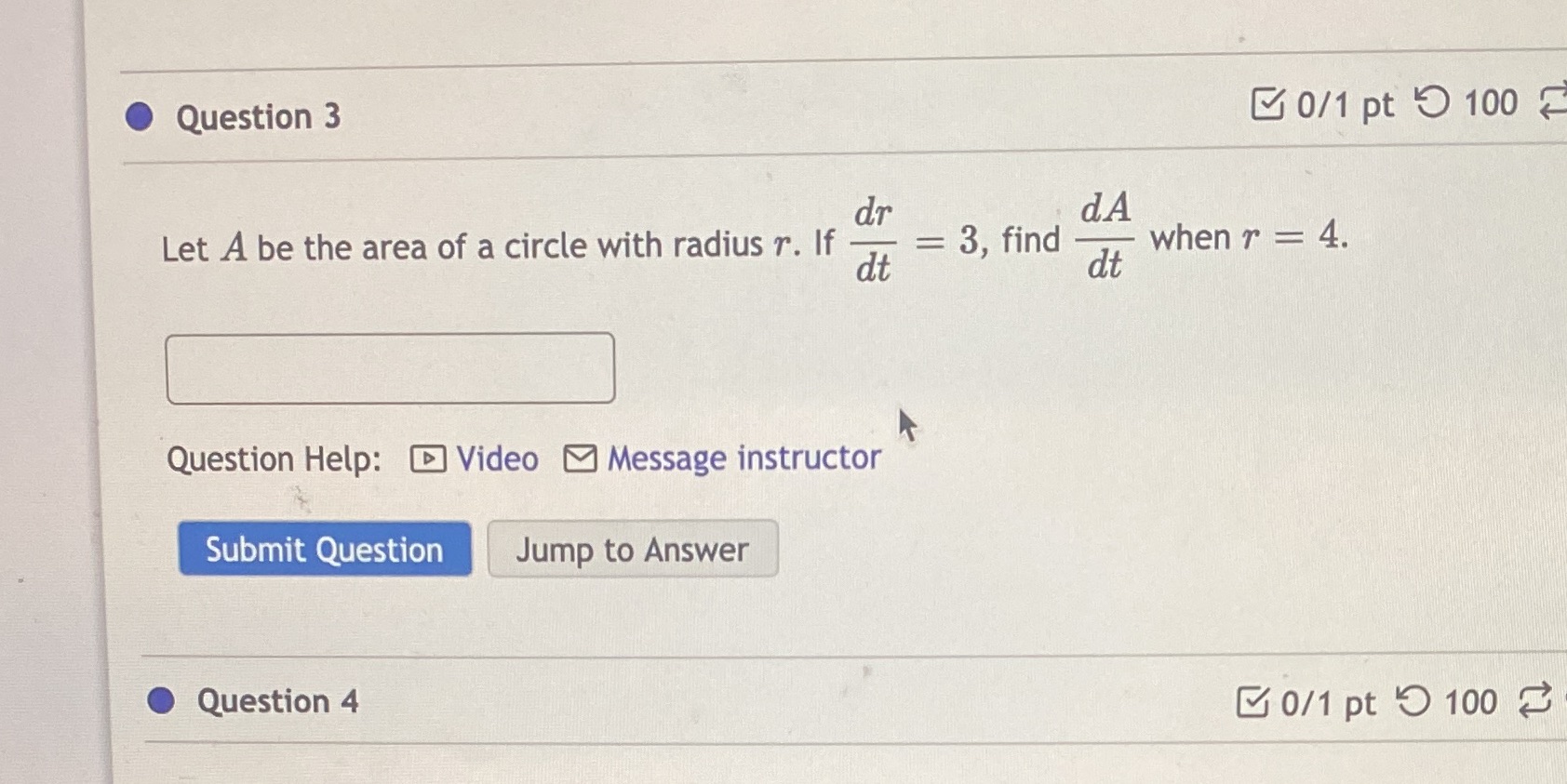 the area of a circle with radius r. If dt = 3,