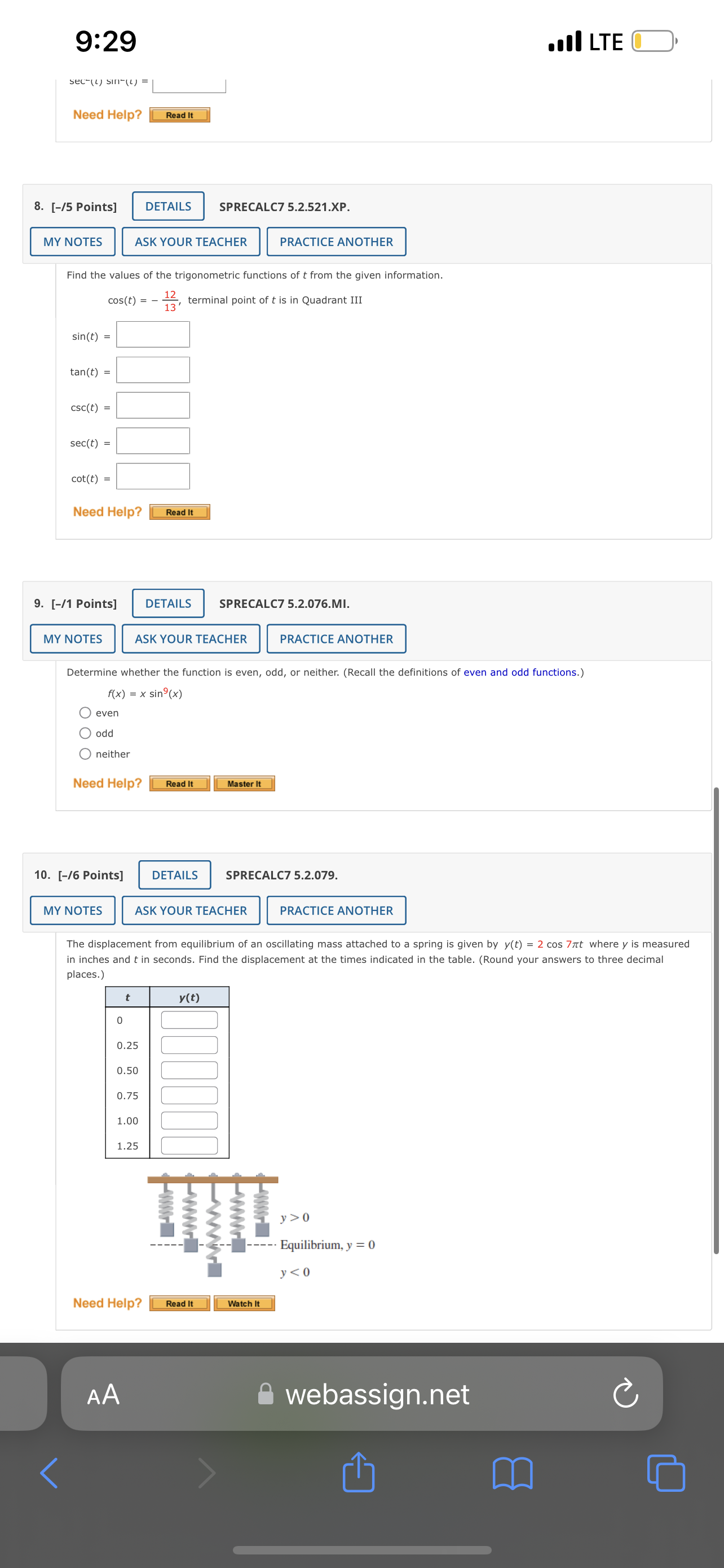  9:29 sec-(1) SIn-() = Need Help? Read It 8. [-/5 Points]
