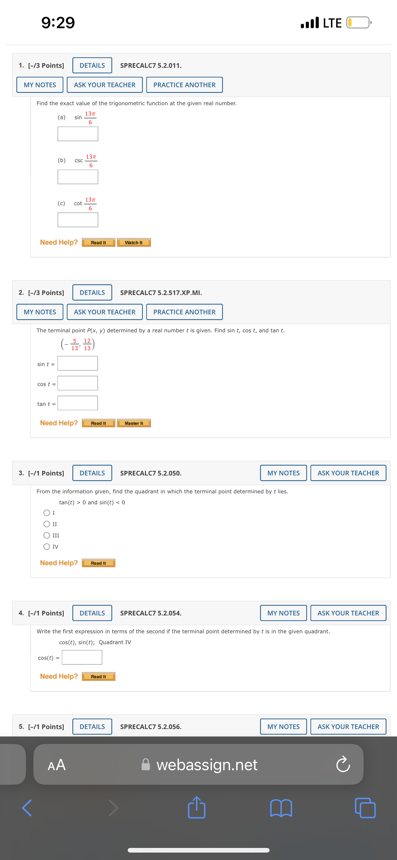 values of the trigonometric functions of t from the given information. cos
