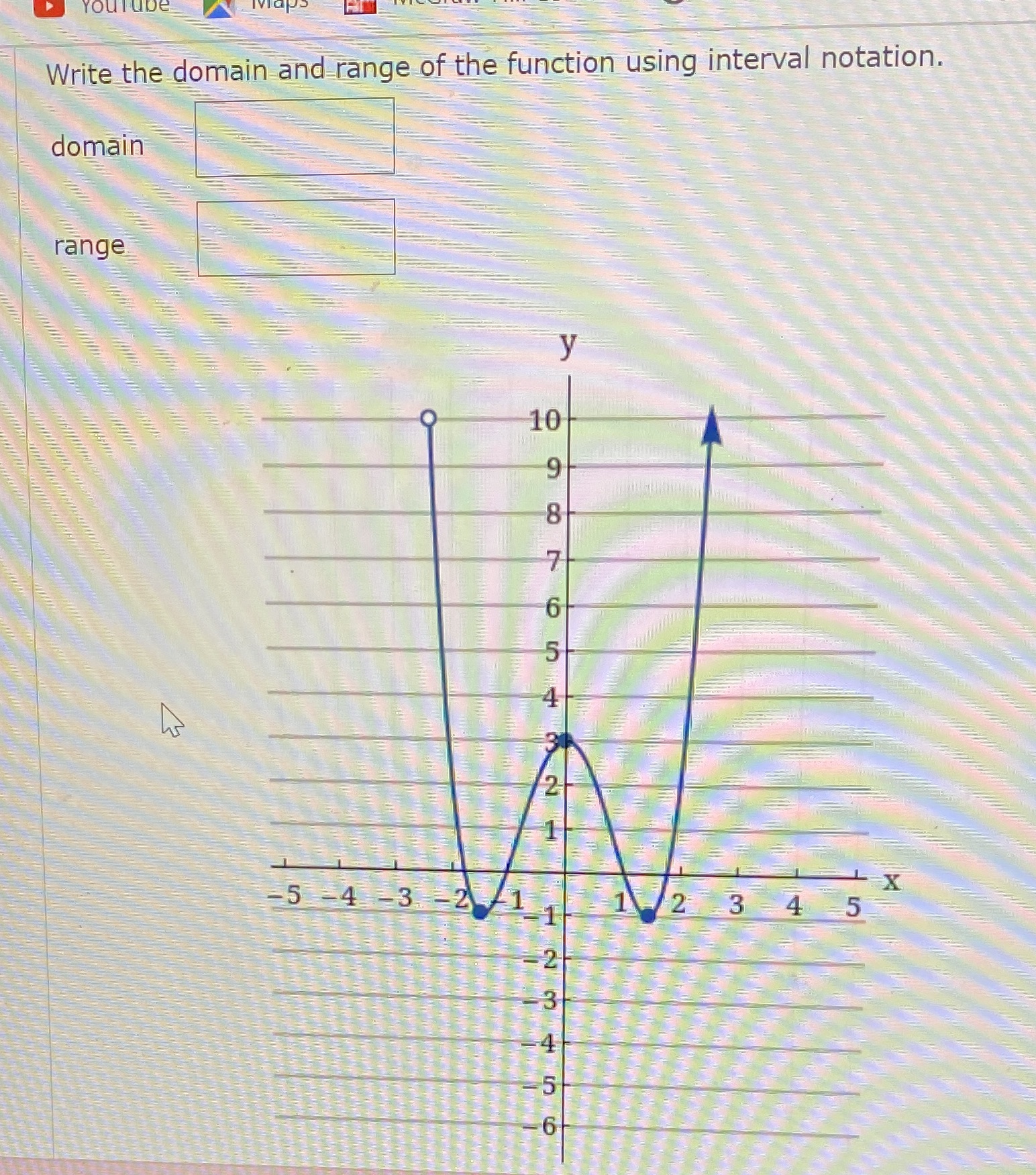  YOUTO Write the domain and range of the function using interval