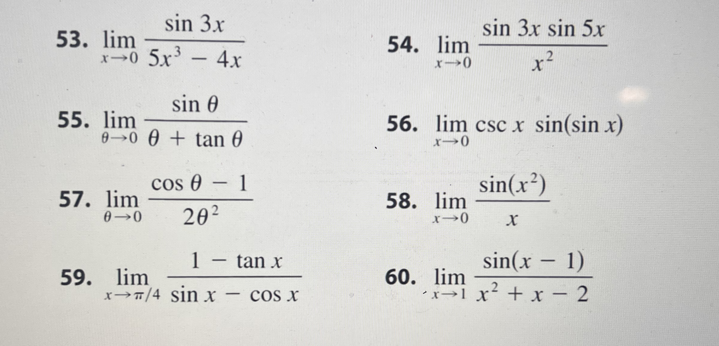 53. 55. 11m lim 57. 0--90 lim 59. sin 3x 11m 5x3