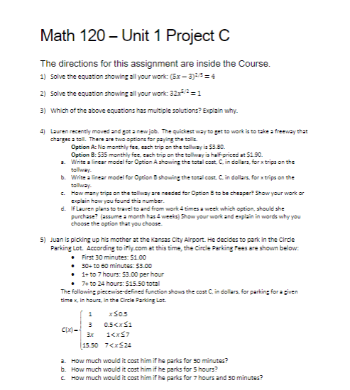 Math 120 - Unit 1 Project C The directions for this