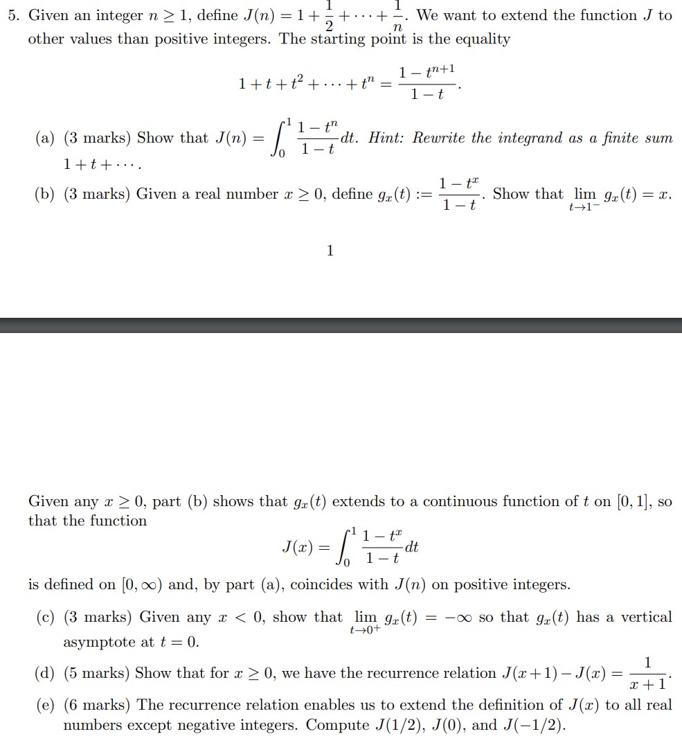  5. Given an integer n 2 1, define J(n) = 1+