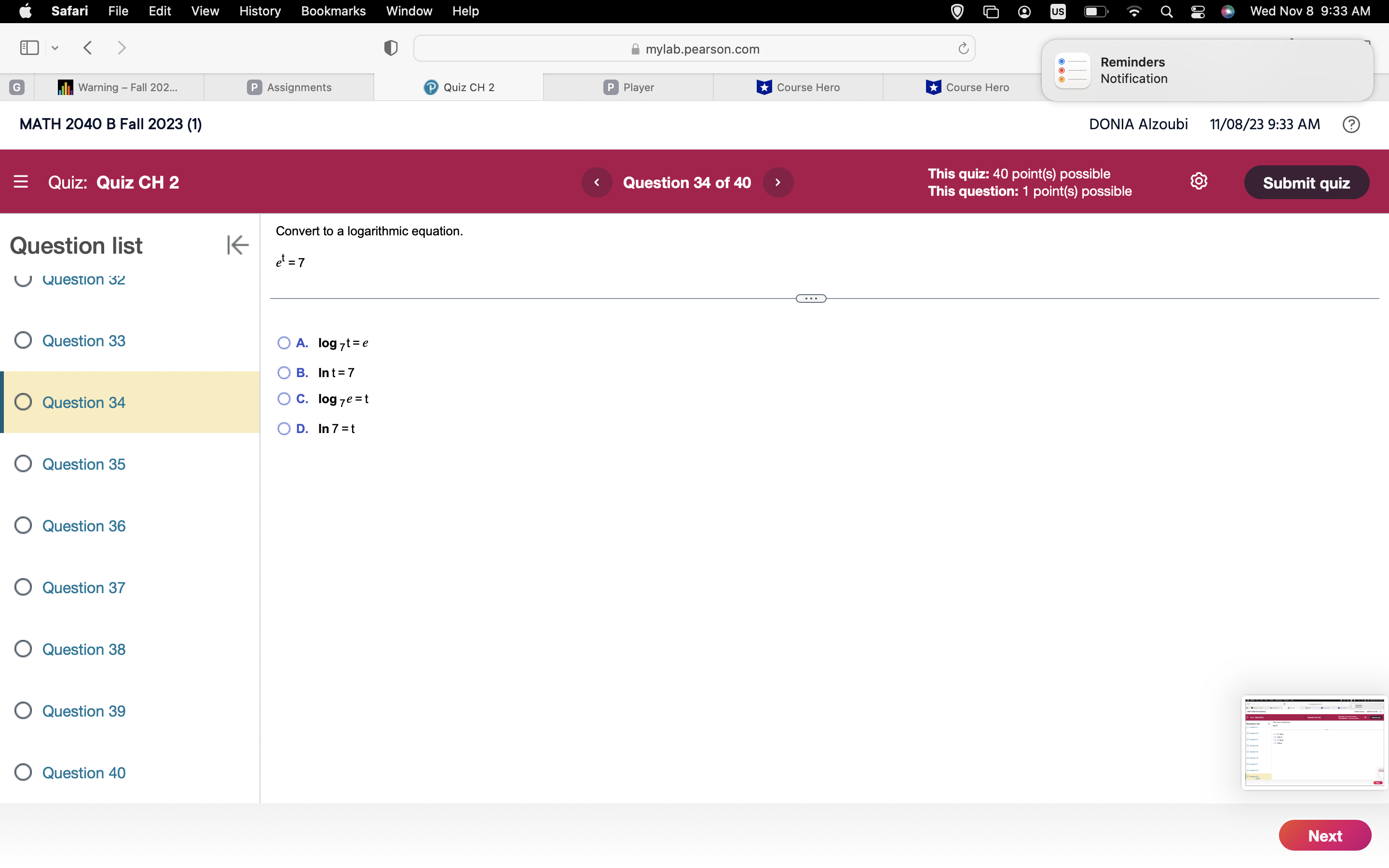 AM mylab.pearson.com C Reminders Notification G Warning - Fall 2023 Fini... P