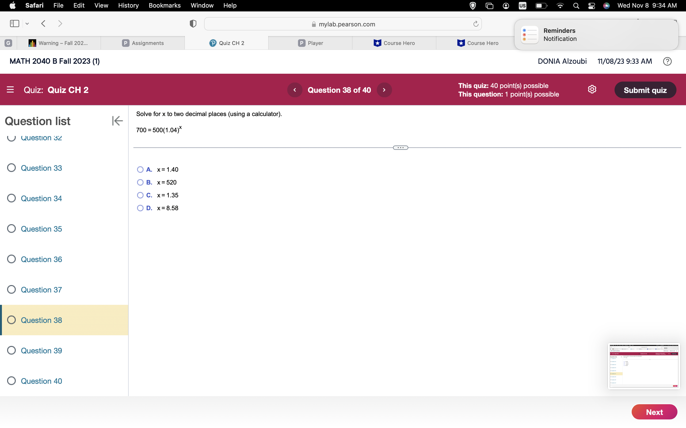 Fini... P Assignments Quiz CH 2 Course Hero G MATH 2040 B