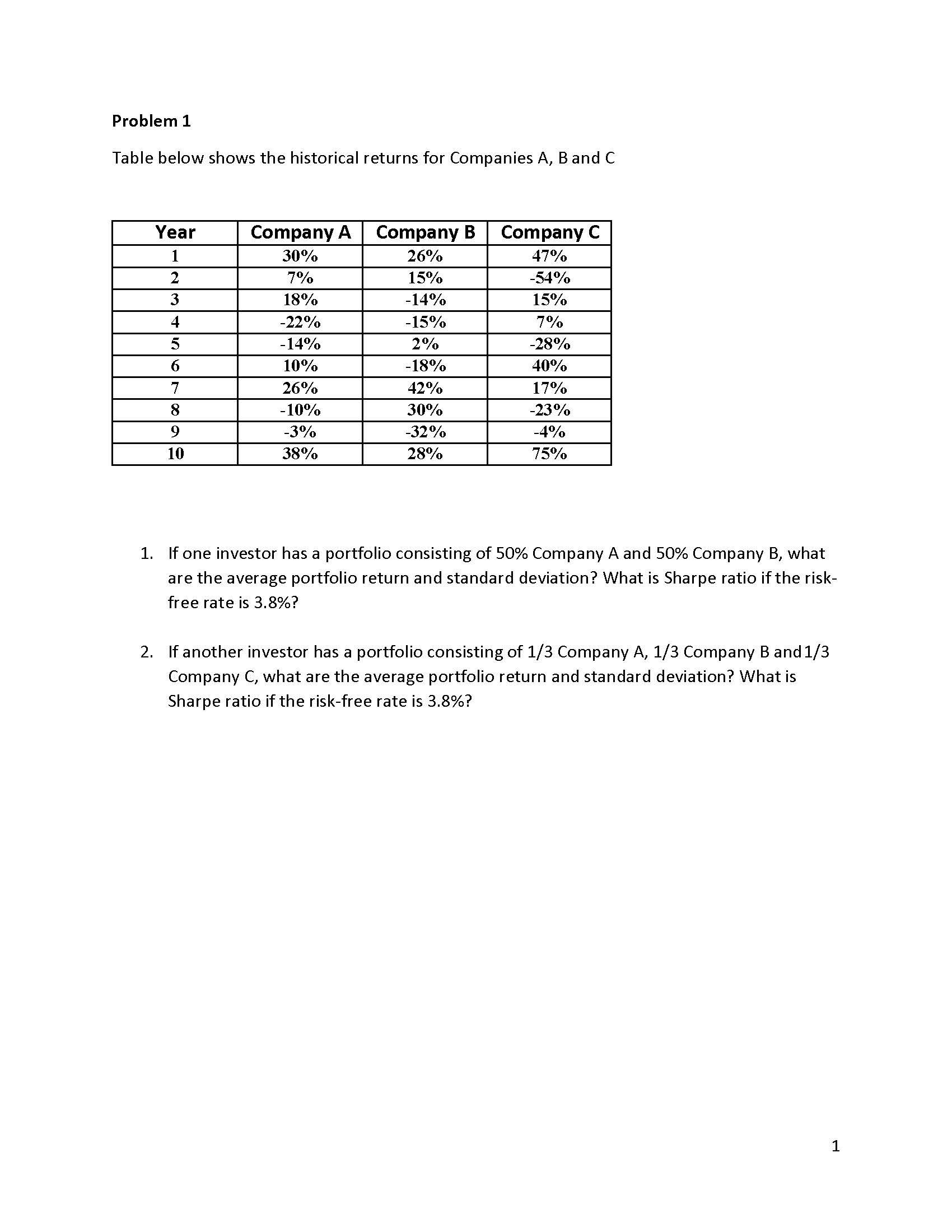 below shows the historical returns for Companies A, B and C -