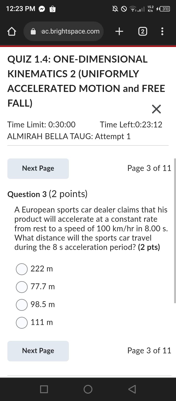 of 11 Question 10 (1 point) If a falling object gains 10