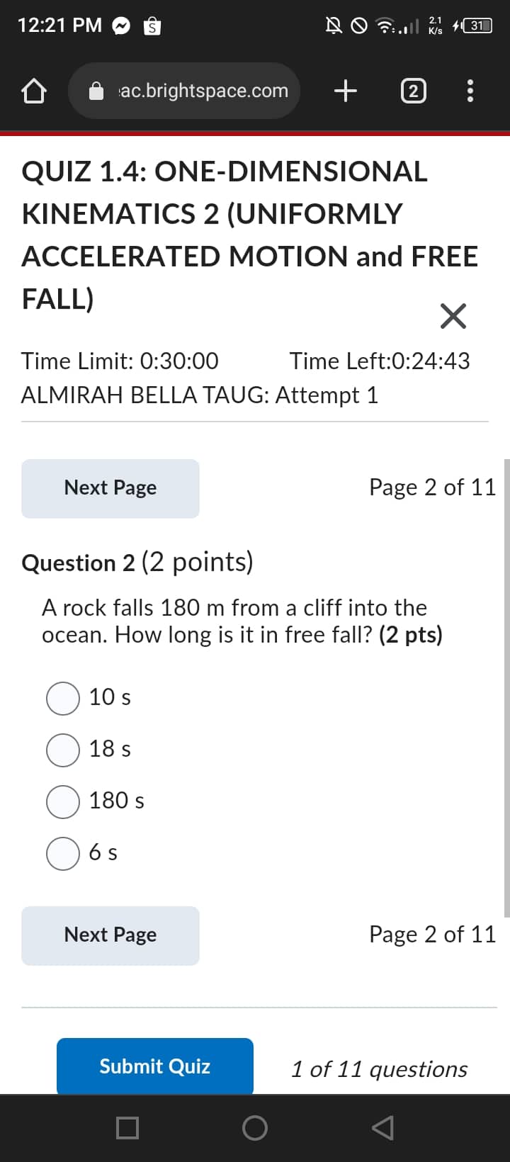 5 of 11 Question 5 (2 points) A Cessna aircraft has a