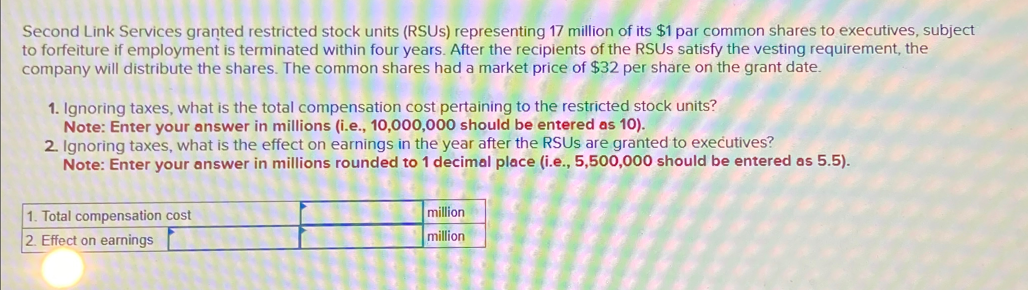 Second Link Services granted restricted stock units (RSUs) representing 17 million