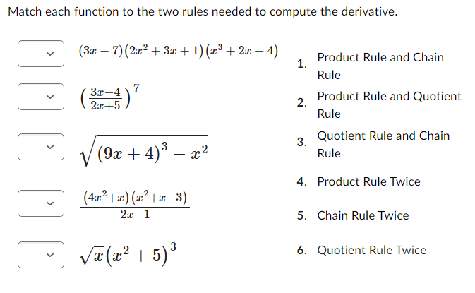 Match each functicn to the two rules needed to compute the