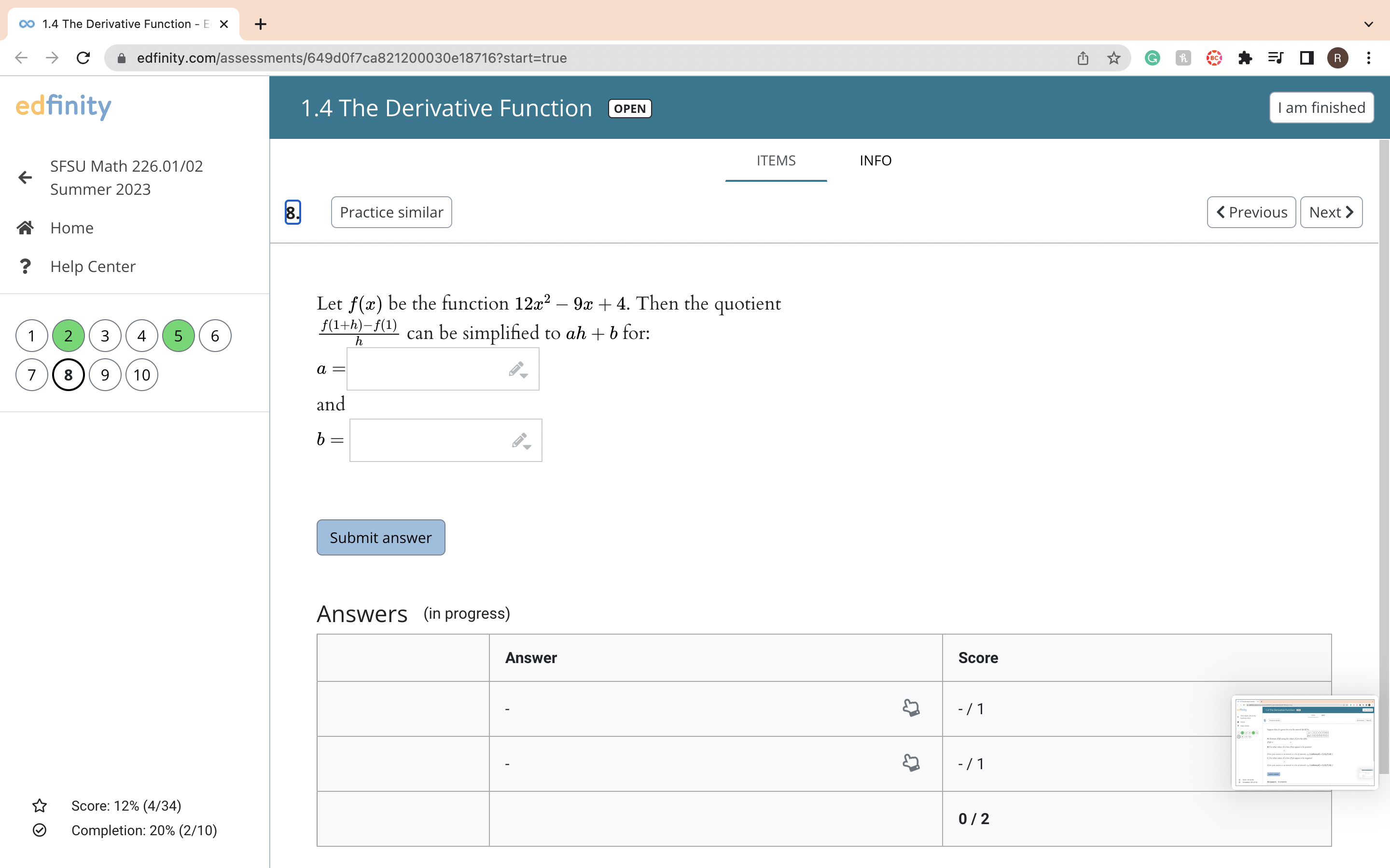 derivative function of the given function (you will want to estimate values
