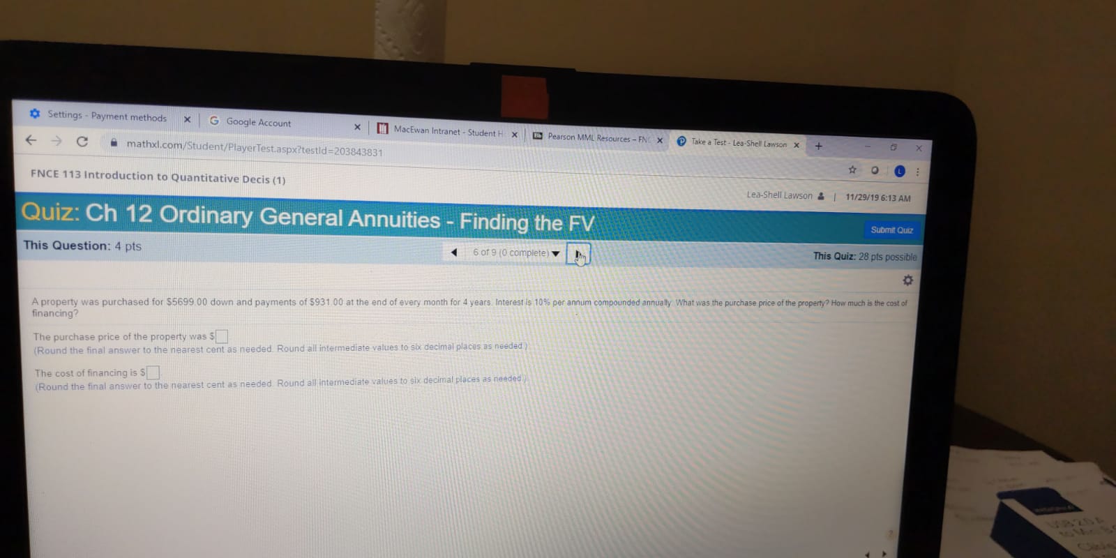 11/29/19 6:13 AM Quiz: Ch 12 Ordinary General Annuities - Finding the