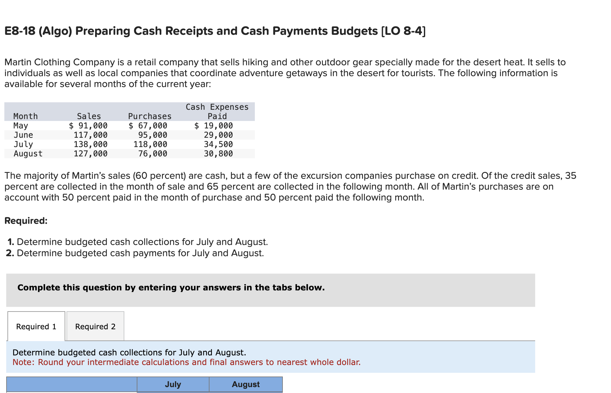  E8-18(Algo) Preparing Cash Receipts and Cash Payments Budgets [LO 8-4] Martin