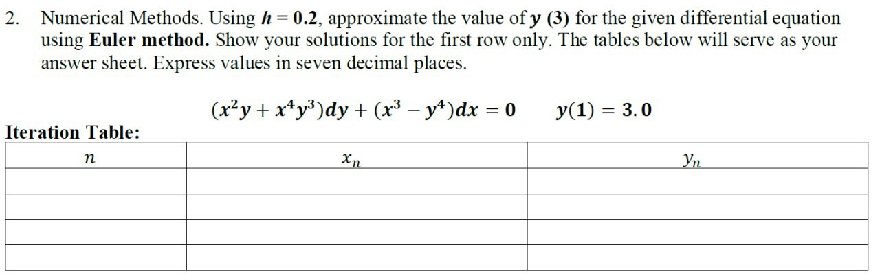 2. Numerical Methods. Using h = 0.2, approximate the value of
