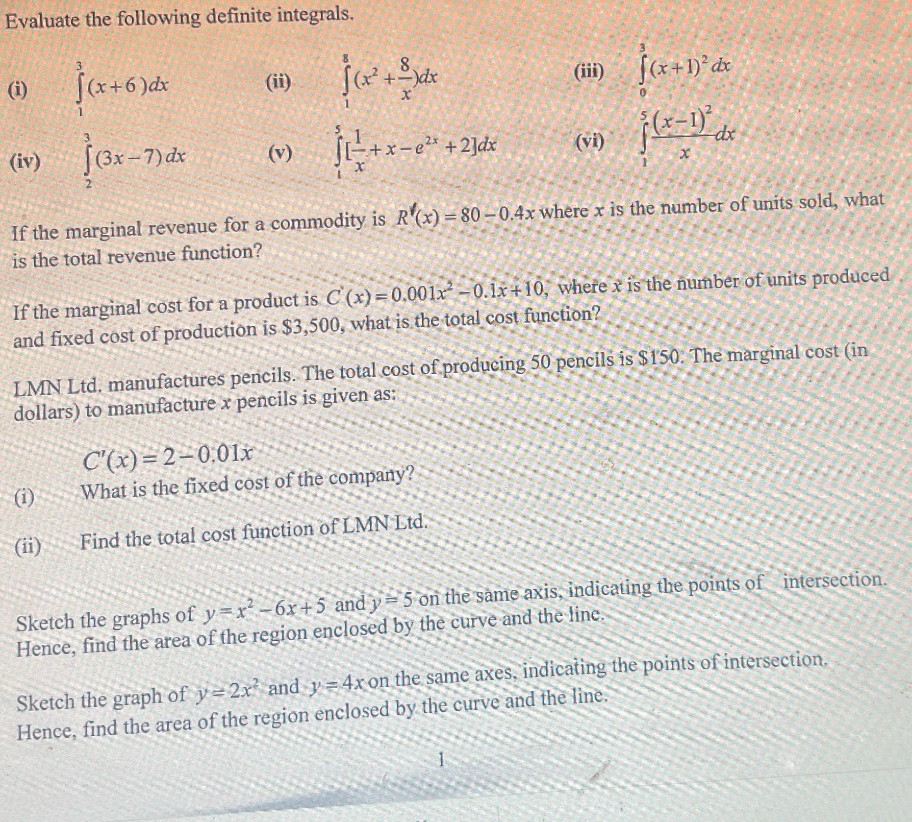 Evaluate the following definite integrals. () [( x+6 ) dx (in