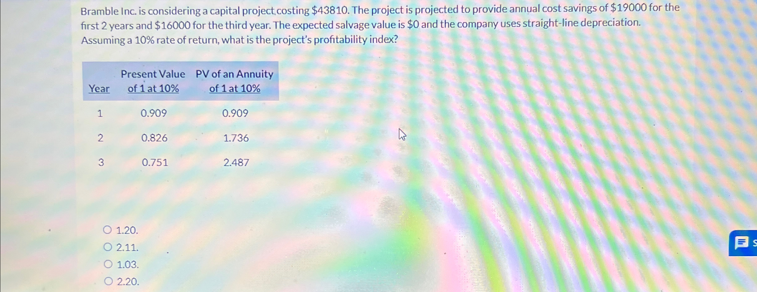 Bramble Inc. is considering a capital project costing $43810. The project