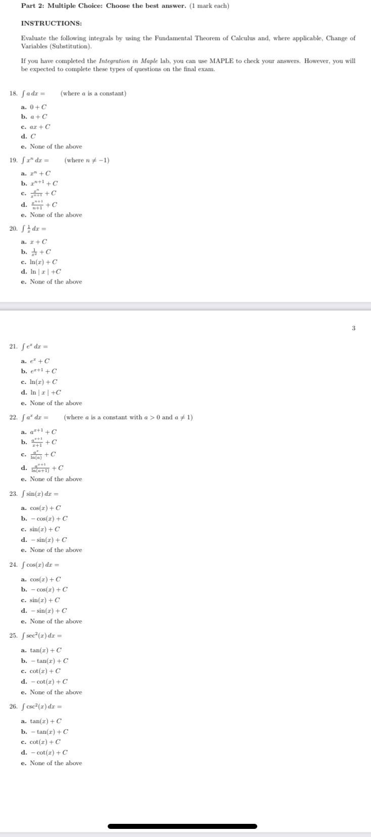 INSTRUCTIONS: Evaluate the following integrals by using the Fundamental Theorem of Calculus