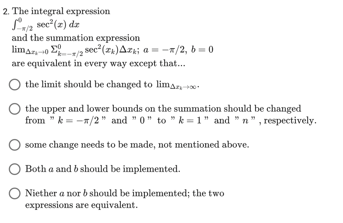 summation expression limmwo ZU:7r/2 sec2(mk)Aack; a : 71'/2, b 2 0 are