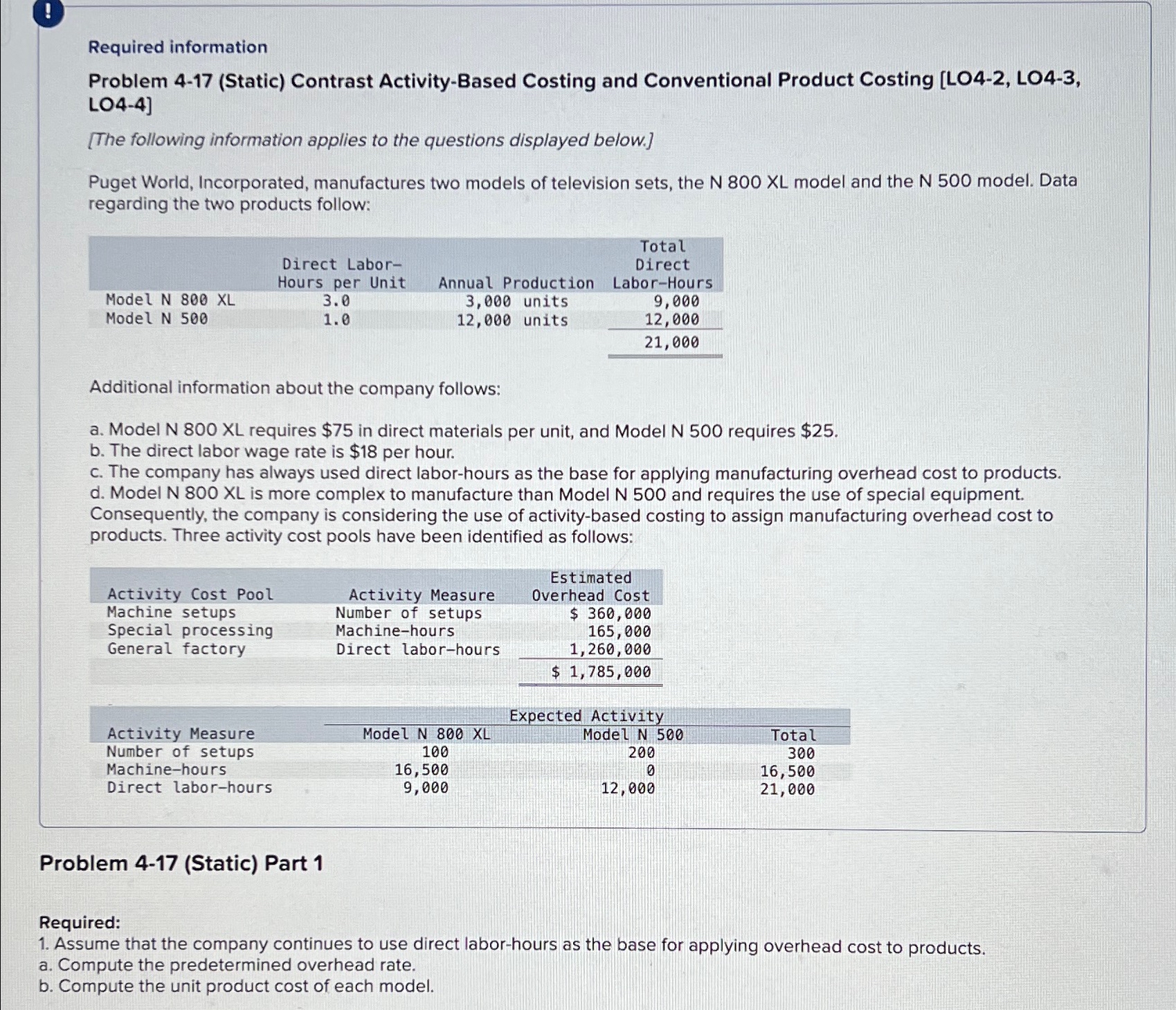  Required information Problem 4-17(Static) Contrast Activity-Based Costing and Conventional Product Costing