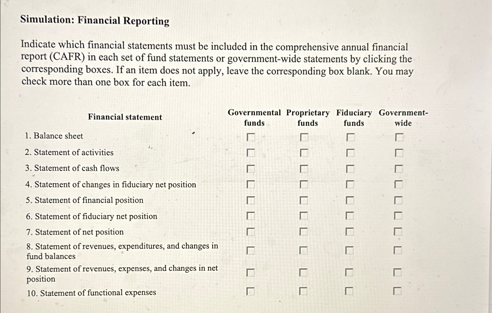  Simulation: Financial Reporting Indicate which financial statements must be included in