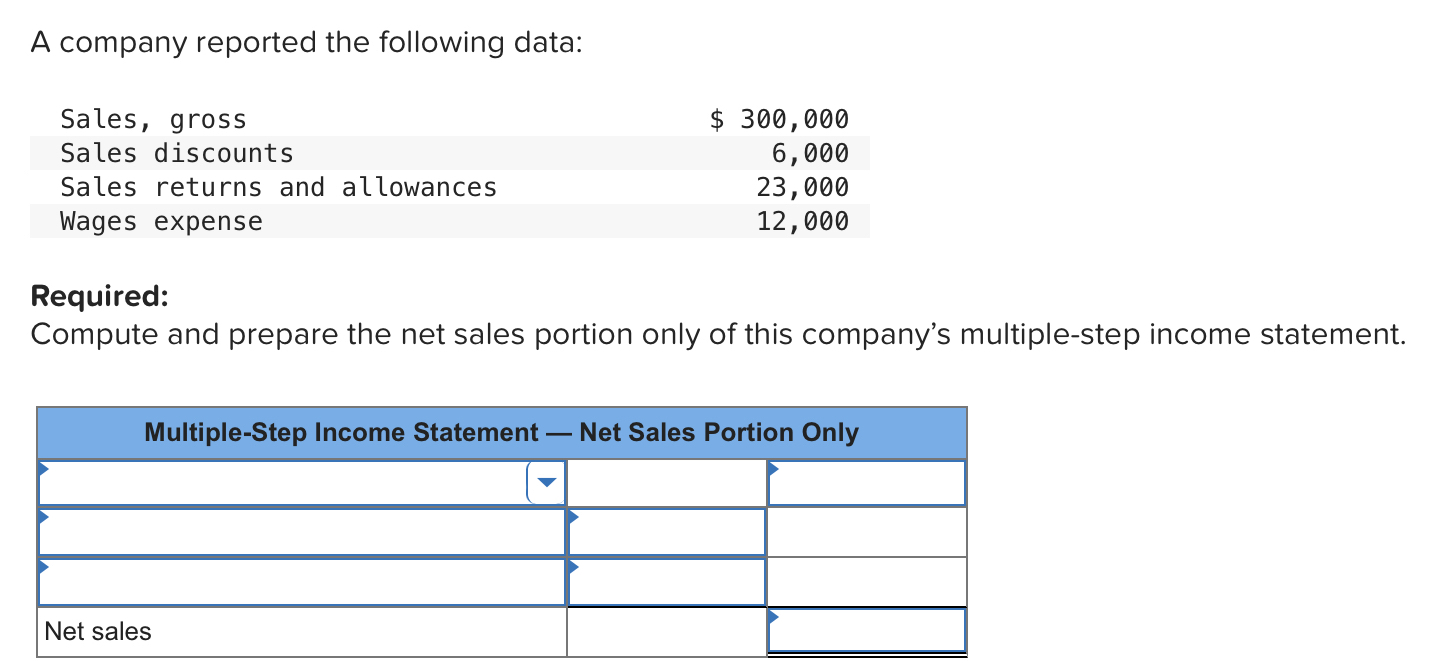  A company reported the following data: \table[[Sales, gross,$300,000 