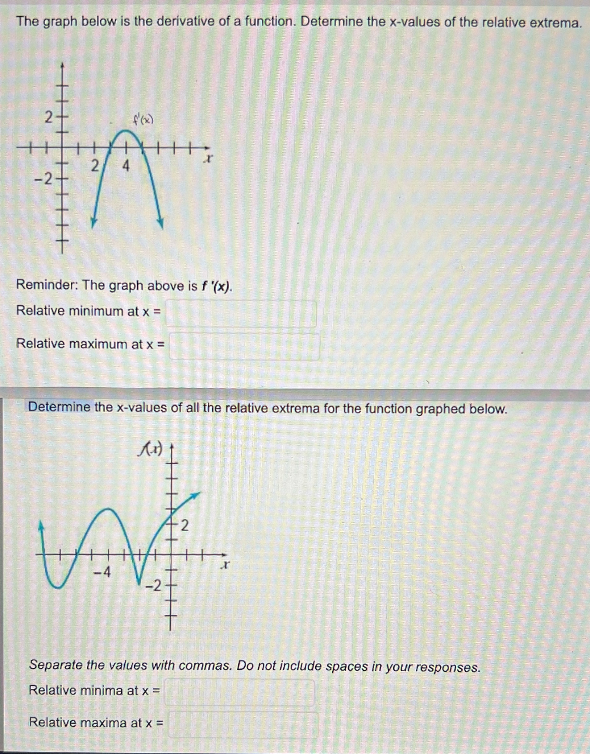 derivative of a function. Determine the x-values of the relative extrema. f'