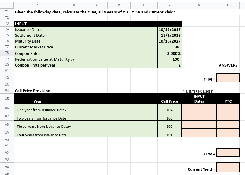 following data, calculate the YTM, all 4 years of YTC, YTW and