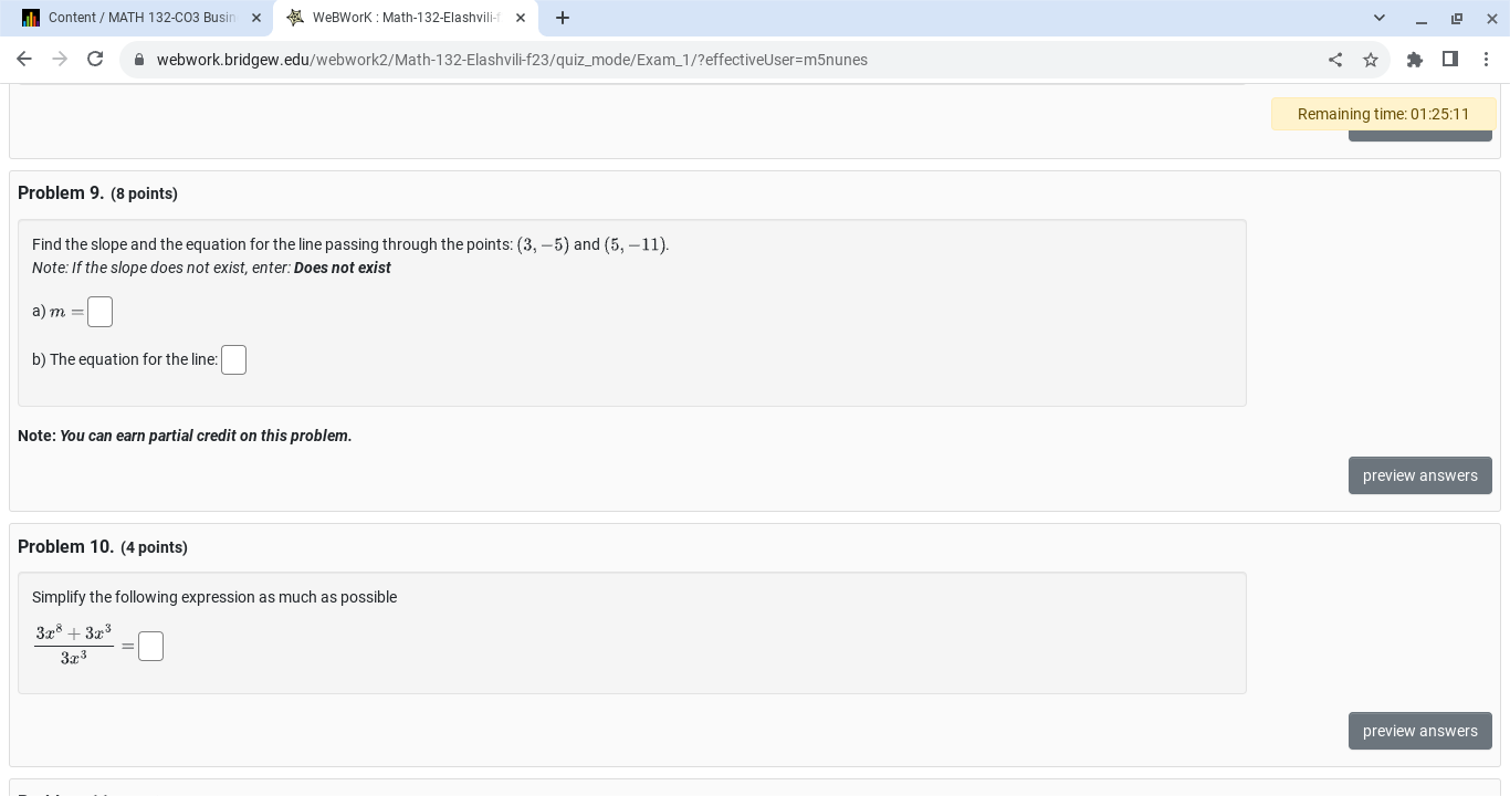 points: (3, -5) and (5, -11). Note: If the slope does not