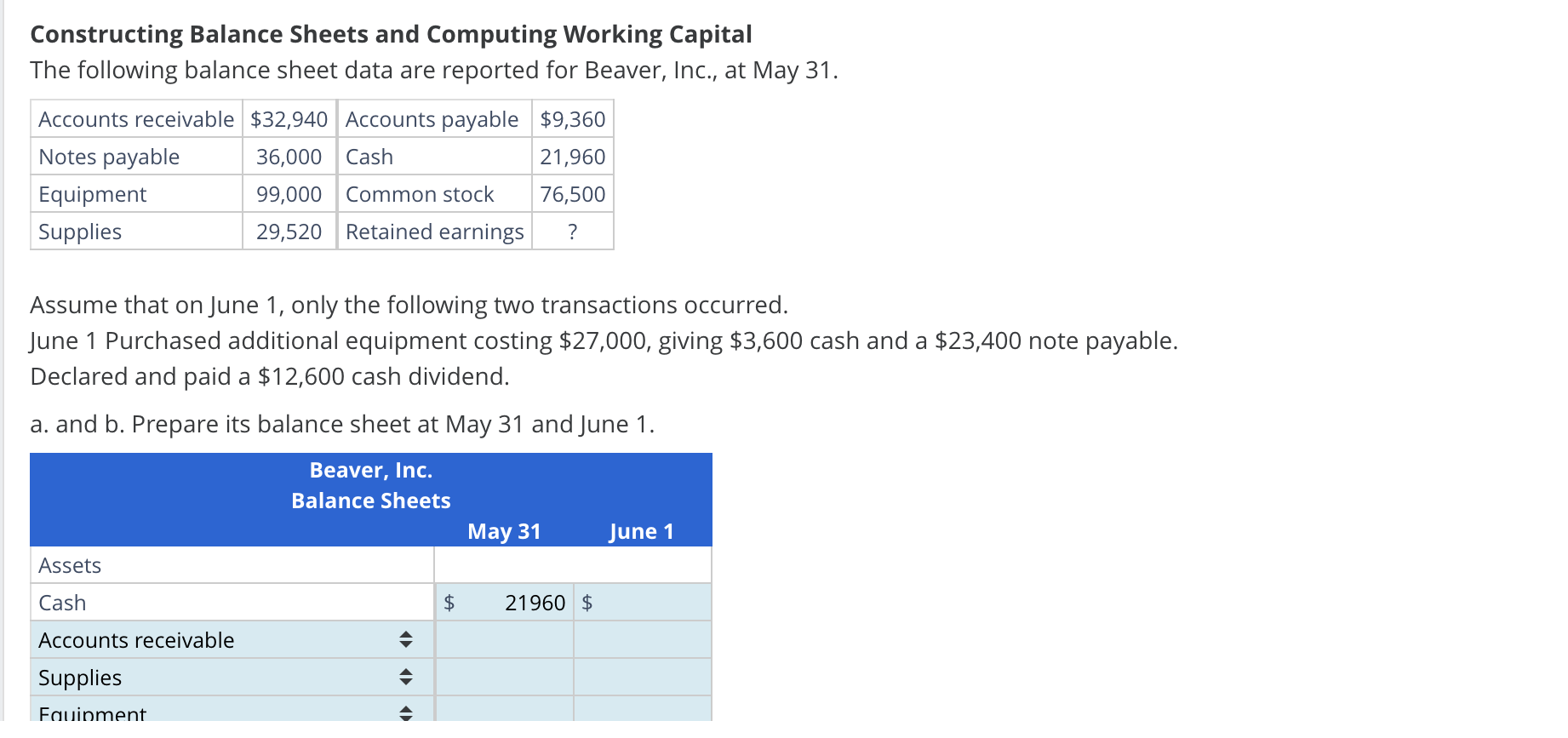  Constructing Balance Sheets and Computing Working Capital The following balance sheet