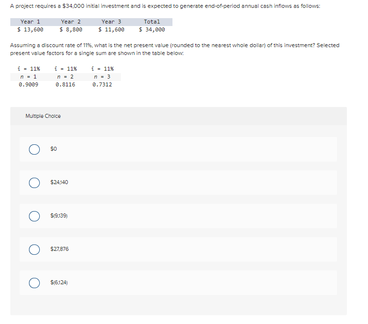  A project requires a $34,000 initial investment and is expected to