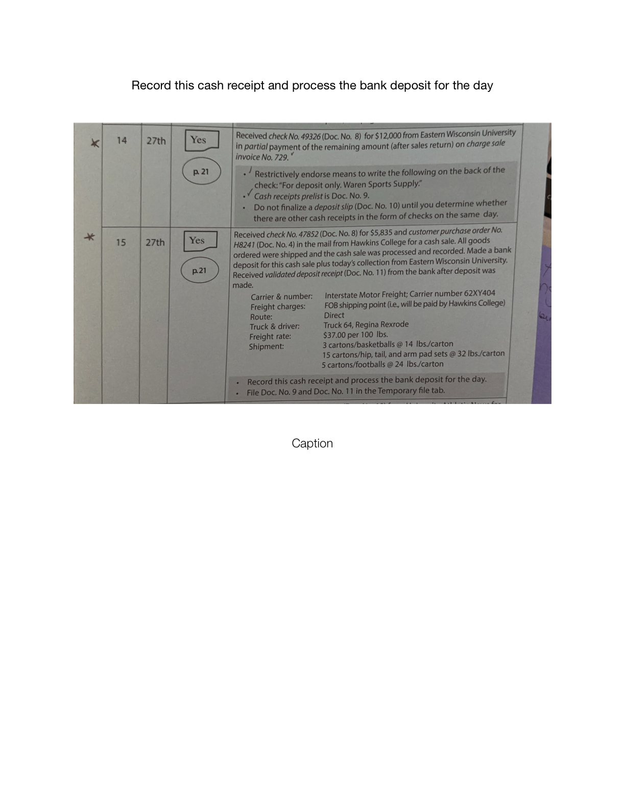 14 15 27th 27th Yes B 21 Yes P21 Received check No.