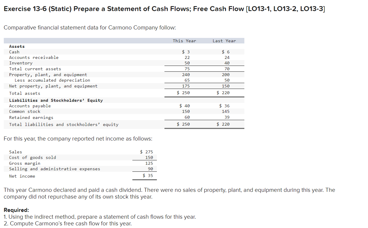 Exercise 13-6(Static) Prepare a Statement of Cash Flows; Free Cash Flow