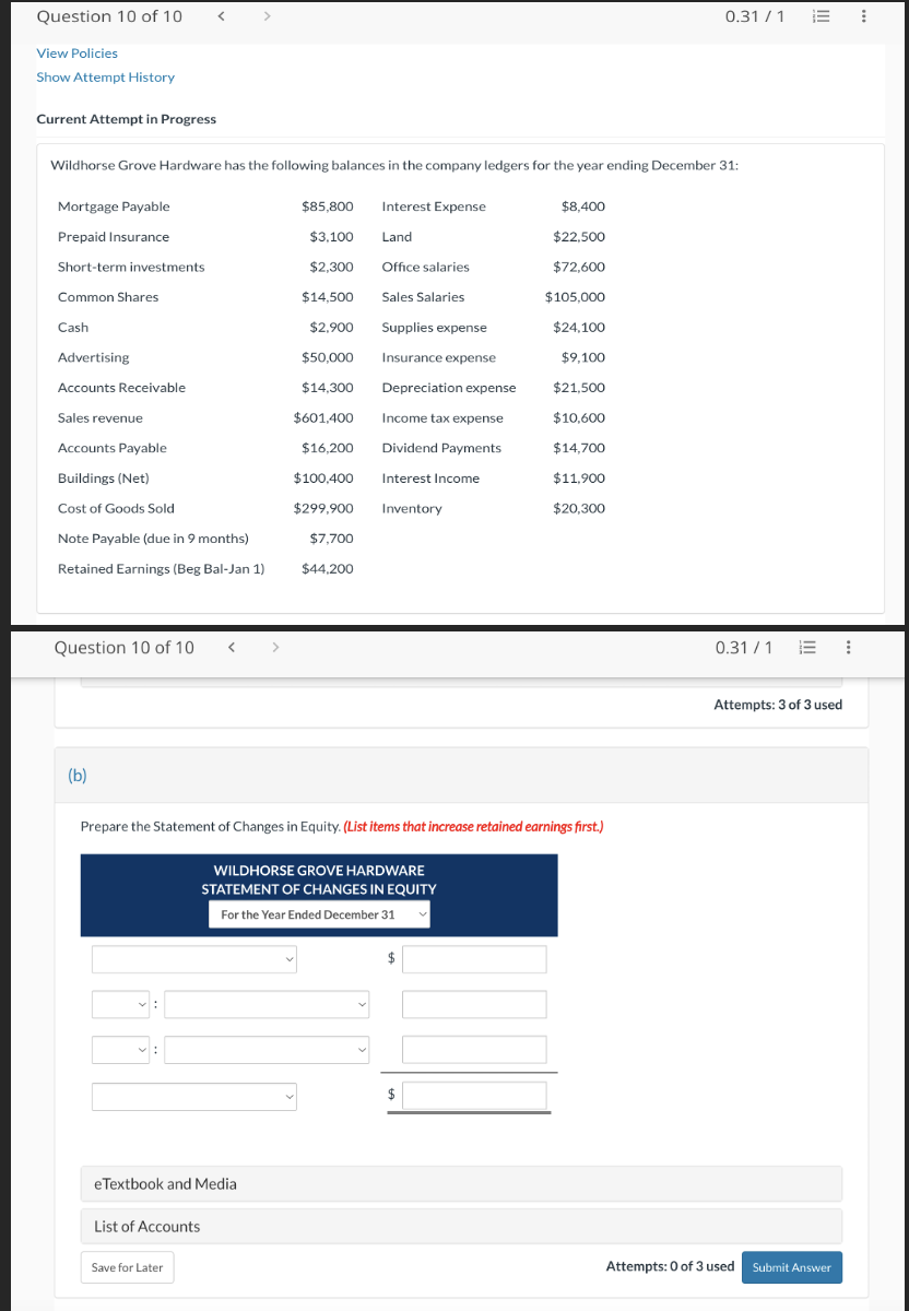 (b) Prepare the Statement of Changes in Equity. (List items that