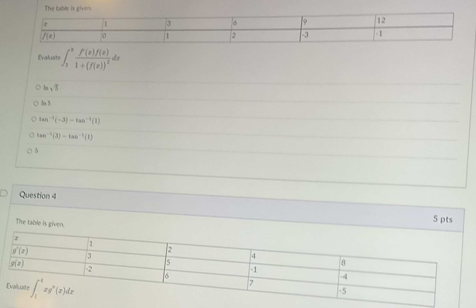 The table is given. 12 f() 10 Evaluate Omvs O tan