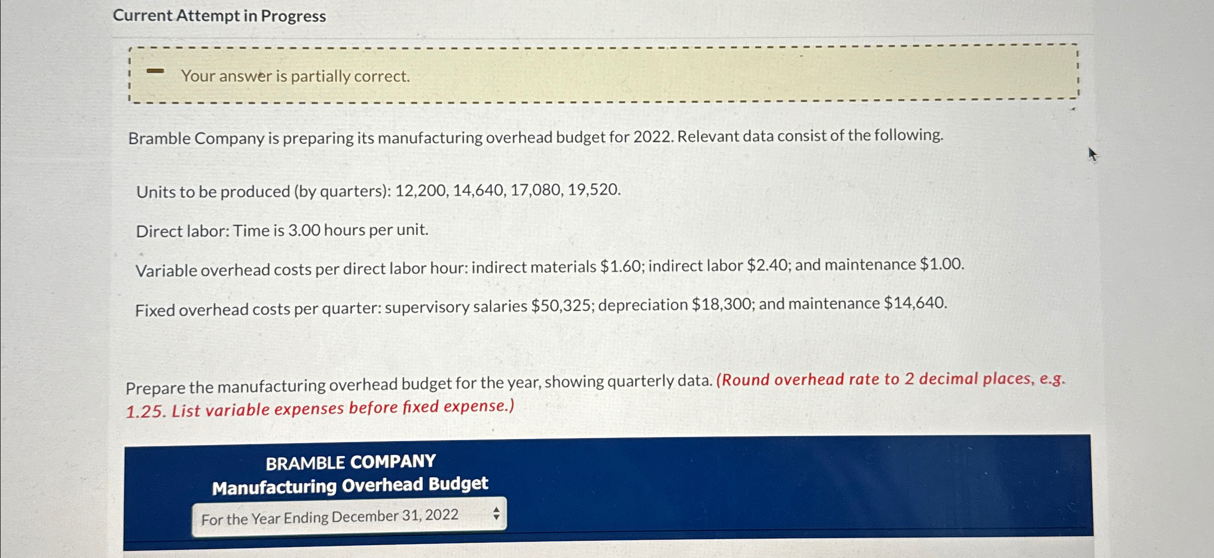 is preparing its manufacturing overhead budget for 2022. Relevant data consist of