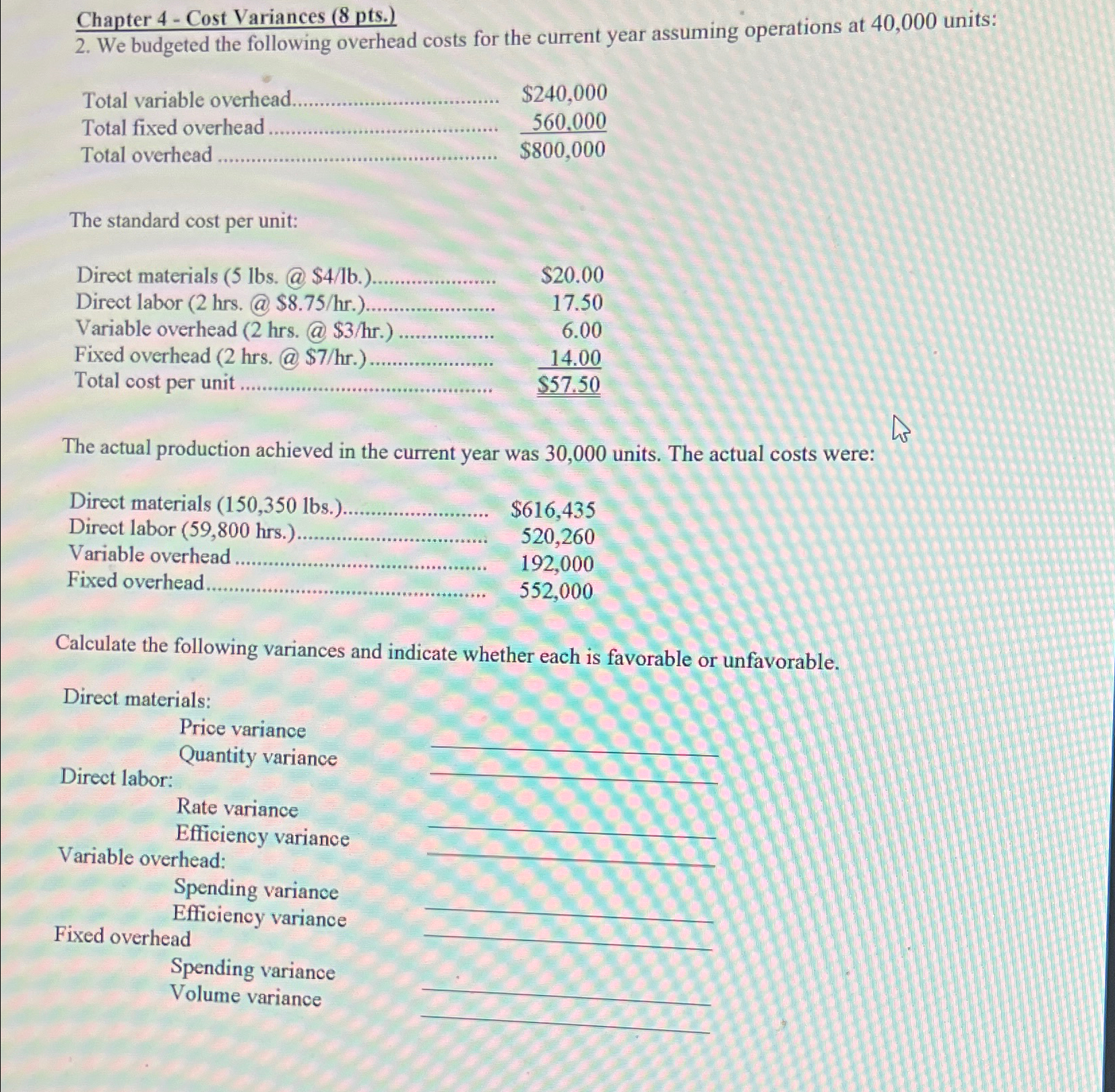  Chapter 4- Cost Variances (8 pts.) 2. We budgeted the following
